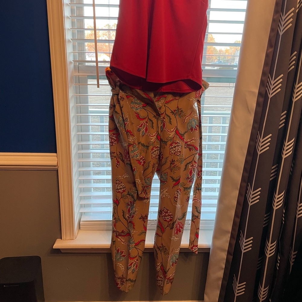 New York & Company Red Top with Floral Ankle Pants